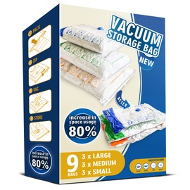 Storage Master Space Saver Bags for Travel and Home Reusable Vacuum Storage Bags Save 80% More Storage Space Work with Vacuum Cleaner (9 Combo, No Pump Included)
