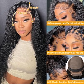 13x6 Deep Wave Lace Front Wigs - 200% Density HD Transparent Frontal Wigs - Glueless, Pre-Plucked with Baby Hair - Natural Black (30Inch)
