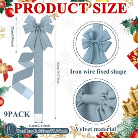 9 Pcs Christmas Velvet Cabinet Door Bows and Ribbons Large Christmas Door Cabinet Bows Xmas Cabinets Furniture Kitchen Party Decorations (Blue)