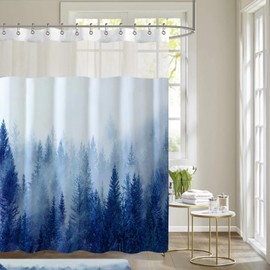 ORTIGIA Double Misty Forest Shower Curtain Set with Snap in Liner for Bathroom, Blue Nature Shower Curtains with See Through Top Window, Luxury Fabric Tree Bath Curtain, 72x72 with Metal Hooks