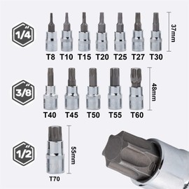 Torx Bit Socket Set 13pcs 3/8" Dr. T8 - T70 E Star Premium S2 Alloy Steel Cr-V Steel Star Socket Torx Bits Metric 1/4, 3/8 and 1/2-Inch Drive