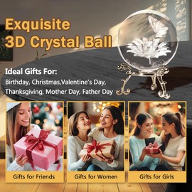 3D Butterfly Crystal Ball with Stand Paperweights Healing Ball, Paperweight Art Glass Decorative, Birthday Christmas Gifts for Women Mom Wife Couple, Butterfly Figurine Decor for Room Office (60mm)