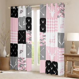 Deer Silhouette Window Curtains,Camo Western Rustic Farmhouse Xmas Window Drapes for Kids Teens Home Decor,Antlers Arrow Geometric Pink Sweet Window Treatments Grommet Top 2 Panel Set,42Wx84L inch