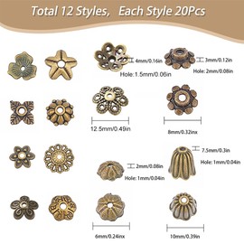 SUNNYCLUE 1 Box of 240 Pieces 12 Style Bead Caps Jewellery End Caps Flower Bead Caps Tibetan Style Alloy End Caps Bali Style Beads for Jewellery Making DIY Necklace Bracelet Craft Bedar