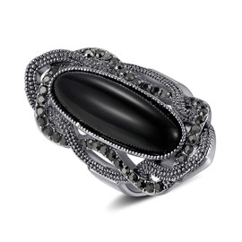 Rhodium Plated Large Black Stone Statement Rings for Women Size 7-9 (8)
