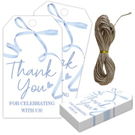 Thank You Gift Labels with String, 2x3.5 Inch Thank You for Celebrating with Us Tag, Blue Bow Print, Gift Tags for Birthday Party Baby Bridal Shower Wedding Favor-A14