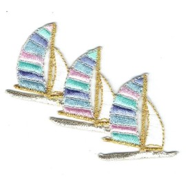 Wholesale Applique Iron On Embroidered Applique Patch - Pastel Three Sailboats - Nautical - Sailing