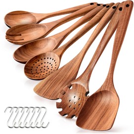 Cucharas de Madera para Cocinar, Juego de Utensilios de Cocina Teca de 7 Piezas con 7 Ganchos, Espátula de Cocina, Colador, Tenedor de Ensalada, Cuchara de Ensalada, para Cocina y Restaurante