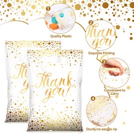 Pajean 100 Pcs Thank You Gift Bags Bulk Gold Dots Plastic Bags with Handles Black Goodie Treat Shopping Wrap for Birthday Party Favors Small Business Merchandise Graduation,6.7" x 9.8" (White Gold)