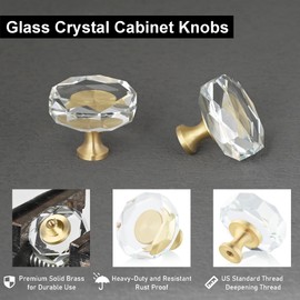 QOGRISUN 2-Pack Brass Crystal Cabinet Knobs,Glass Crystal Gold Drawer Knobs,1-1/4-Inch Polygon,Decorative Dresser Pulls, Modern Cabinet Hardware