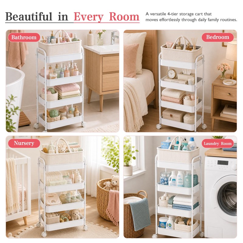 Baby Diaper Caddy 4 Tier Rolling Storage Cart with Wheels