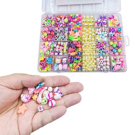 Beads for Threading Children's Gift for Girls Colourful Pendant Beads Jewellery Craft Set Flowers Fish Football Numbers Beads for Making Bracelets Necklaces Hair Bands