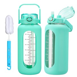 chunmo 42oz/52oz/64oz Glass Water Bolttles with Straw Half Gallon Large Motivational Water Bottle with Time Marker Sports Water Bottles with Silicone Sleeve and Handle Lid Water Jug for Gym Workout