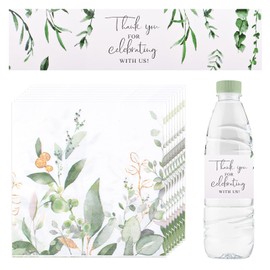URROMA 50pcs Forest Wedding Water Bottle Labels Napkins Set, Waterproof Thank You Bottle Stickers for Wedding Party Decoration Baby Birthday Bridal