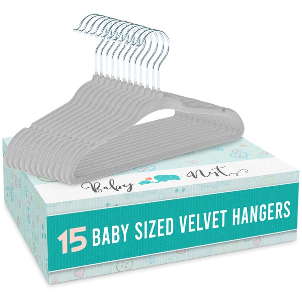 Baby Nest Designs Baby Hangers for Clothes - 15, Velvet Childrens Coat Hangers for Nursery and Wardrobe Organisation - Kids Clothes Hangers - Grey