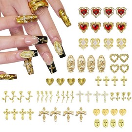 rythsans 64pcs Gold Nail Charms Set with Gold Cross, Hearts, Rose, and Virgin Mary - Y2K 3D Chrome Nail Decorations