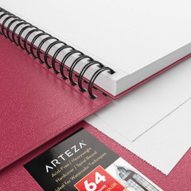 Arteza Watercolor Sketchbook, 9x12 Inch, Pink Hardcover Journal, 64 Pages, 140lb/300gsm Watercolor Paper Pad, Spiral-Bound, Art Supplies for Watercolors, Gouache, Acrylics, Pencils, Wet & Dry Media