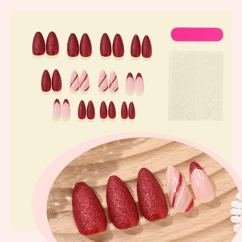 Almond Press on False Nails Medium Red Press on False