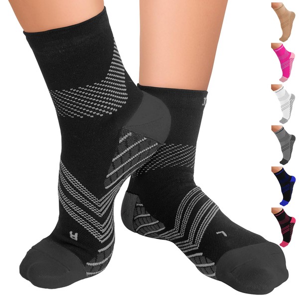 TechWare Pro Plantar Fasciitis Sock – Therapy Grade Targeted Cushion Compression Socks Men & Women. Ankle Brace Foot Sleeve & Arch Support for Achilles Tendonitis & Heel Pain Relief (Blk/Gry SML)