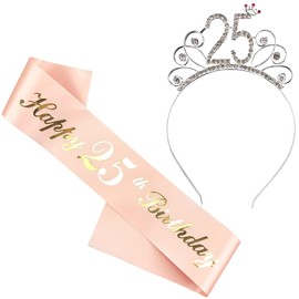Liitata 25th Birthday Sash Tiara Set Happy 25th Birthday Sash 25th Birthday Crystal Tiara Crown for Girls Birthday Gift Party Birthday Party Decoration Accessories - Rose Gold