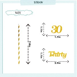 Happy 30th Birthday Straws, Gold Glitter 30 Years Old Paper Straws, 30th Anniversary/Birthday Party Drinking Decorative Straws - 24pcs