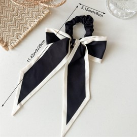 Satin Hair Scrunchies with Long Bow, Black and White, 2 Pack Hair Ties, Ribbon Ponytail Holders