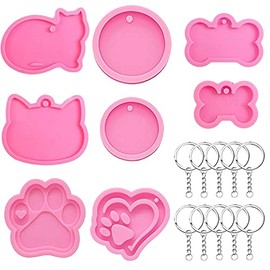 8 Piezas Molde de Resina de Silicona y 10 Llaveros, Moldes de Silicona con Forma de Hueso de Perro para Identificación de Perro, Molde de Resina con Forma de Pata de Hueso Gato, (polvo-8PCS)