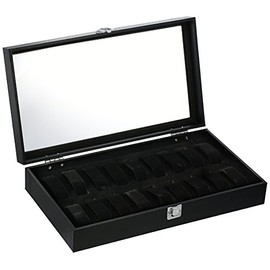 Diplomat 31-586 Black Leatherette Eighteen Watch Storage Case with Clear Top and Black Suede Interior