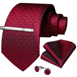 DiBanGu Plaid Ties for Men Silk Checkered Necktie and Pocket Square Cufflinks Tie Clip Set with Gift Box for Wedding Business, Wine Red
