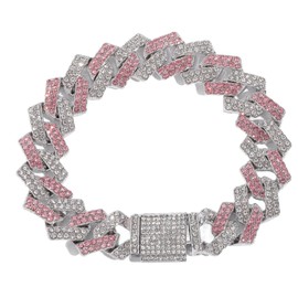 Pink Cuban Link Dog Collar,Bling Dog Chain Collars Necklace Metal Crystal Sparkly Diamond Rhinestone Puppy Cats Chain Collars for Small Medium Large Pets Gilrs Female Boys,Silver Pink 10 inch