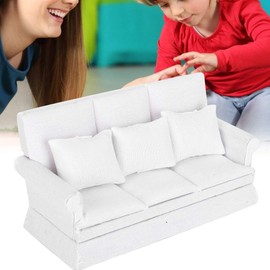 Dollhouse Sofa, 1:12 Doll House Mini Sofa with 3pcs Pillow Living Room Furniture Wooden Doll House Decoration Accessories(White)