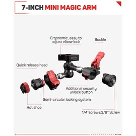 IFOOTAGE Magic Arm, Articulating Camera Arm with Anti-Rotation and Quick Release Design, Payload 6KG, 1/4" and 3/8" Screw for Cameras/Monitor/Phone/Lights (7 inch)