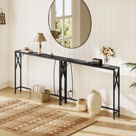 MAHANCRIS 2 Pack Sofa Table with Charging Station, 39.4” Console Table, Narrow Entryway Table, Slim Hallway Table, Retro Couch Table, for Entrance, Foyer, Living Room, Hallway, Black CTHB151E01S2