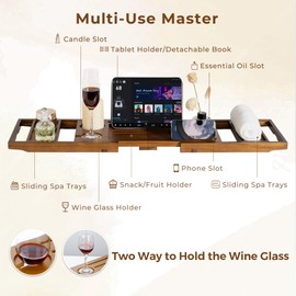 Teak Bathtub Tray Expandable Bathroom Tray for Home Spa Relaxation, Wooden Tray Caddy for Bathtub, Teak Bathtub Caddy as Unique Housewarming, Birthday, Wedding Shower Gifts (Light Walnut)