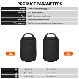 ioutdoor Dry Bag Set,2L/5L/10L/20L Waterproof Dry Bags Lightweight Dry Sacks Set Waterproof Canoe Bags for Rafting Hiking Camping Travel Fishing Boating(Black 2L+2L)