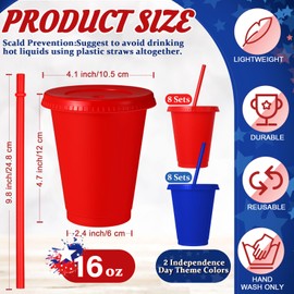 Skylety 16 Pcs Red Blue Plastic Cups with Lids and Straws 16 oz Birthday Plastic Party Cups Coffee Patriotic Reusable Tumbler Water Bottle Holiday Party Supplies Gift for Drinking Coffee Cocoa