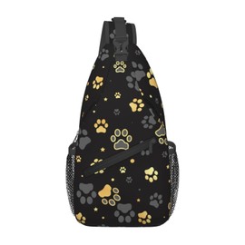 QISENTIS Paw Print Sling Bag for Women Crossbody Bag Golden Dog Paw Print and Stars on Black Background Sling Backpack for Men Cute Animal Footprint Shoulder Bag Gym Sports Travel Hiking Daypack