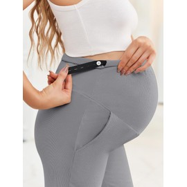 FMEYOA Women's Maternity Pants Casual Adjustable High Waist Flare Leggings Stretchy Pregnancy Trousers with Pockets Grey