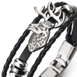 COOLSTEELANDBEYOND Leather Bracelet Wrap Sweatband Men Women Three Strands Black Braided Leather with Vintage Deer Charm, Black faux leather, No gemstone