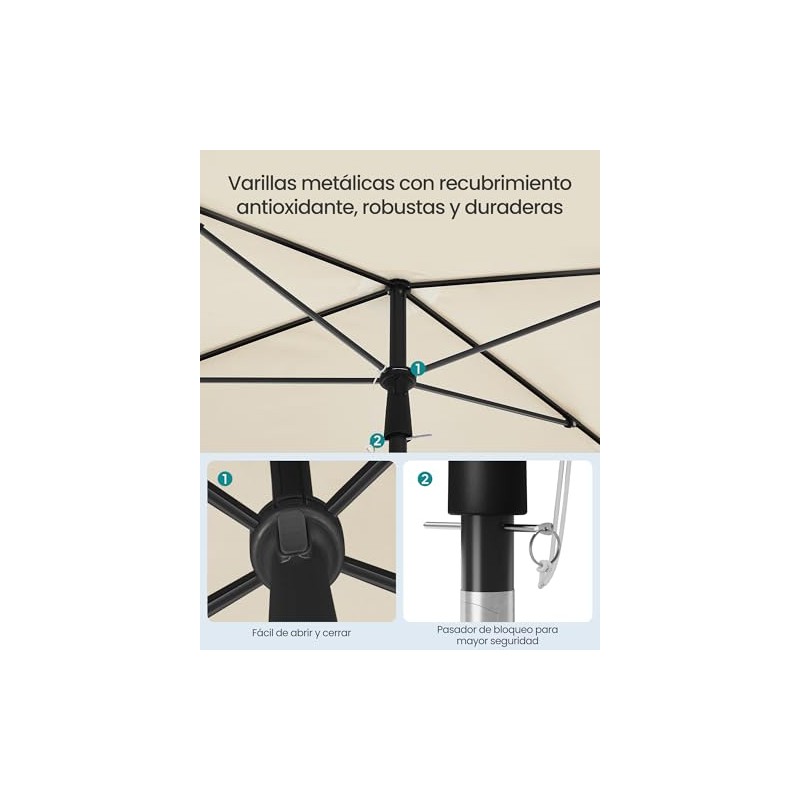 SONGMICS Sombrilla de Patio, Parasol de Exterior, Techo Inclinable, para