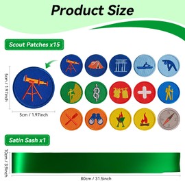 HWQVA Girl Scout Sash Costume Set, Include 63 * 3.9 inches Blackish Green Sash and 15 Pcs self-Adhesive Medal Patches for Women Party Dress Up