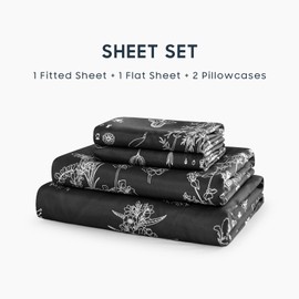 Wake In Cloud - Floral Bed Sheets, 4-Piece Sheet Set, Cute Botanical Shabby Chic Coquette Cottagecore Flower, Soft Microfiber Deep Pocket Bedding, Black, Queen Size