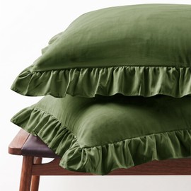 FMLIUY Set of 2 Microfiber Ruffle Pillow Cases Standard Size Olive Green