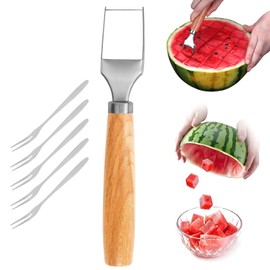 FRXAEZTG Watermelon Cutter, Melon Slicer, Stainless Steel Watermelon Cutter with 5 Mini Forks, Watermelon Cutter Dicer for Fruit Salad, Watermelon, Cantaloupe, Papaya, Dragon Fruit
