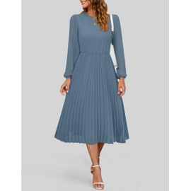 ZESICA Women's Fall Long Sleeve Dresses 2025 Casual Crewneck Chiffon Swing Pleated A Line Cocktail Party Midi Dress,Dusty Blue,Medium