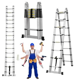 16.4 FT 5M Multi-Purpose Folding A Frame Ladder – Aluminum Telescopic Extension Climb Foldable Multi Use Step Ladder Extends – Climb Up to Loft or Attic w/ Multi-Functional Work Ladders – 330Lbs Load