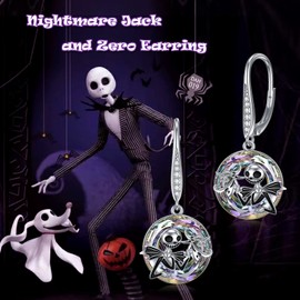 LILALO Jack Skellington Earrings Sterling Silver Crystal Jack and Sally Zero Earrings Jack Skellington Jewelry for Women Jack and Sally Drop Earring Skull Earrings Circle Crystal Gifts, Christmas