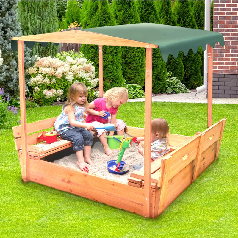Badger Basket Cedar Sandbox for Kids with Canopy & Benches