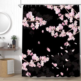 YSSFAV Cherry Blossom Shower Curtain Pink Plum Flower Asian Japanese Aesthetic Black Bathroom Decor Curtains Set with Hooks, 70" W x 70" H