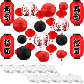 40 Pcs Japanese Style Lantern Decorations Includes Japanese Lantern, Cherry Blossom Japanese Paper Lanterns, Chinese Red Paper Lanterns and LED Lantern Lights for Indoor Outdoor (White, Red, Black)